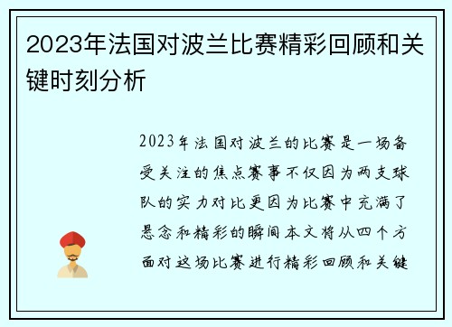 2023年法国对波兰比赛精彩回顾和关键时刻分析
